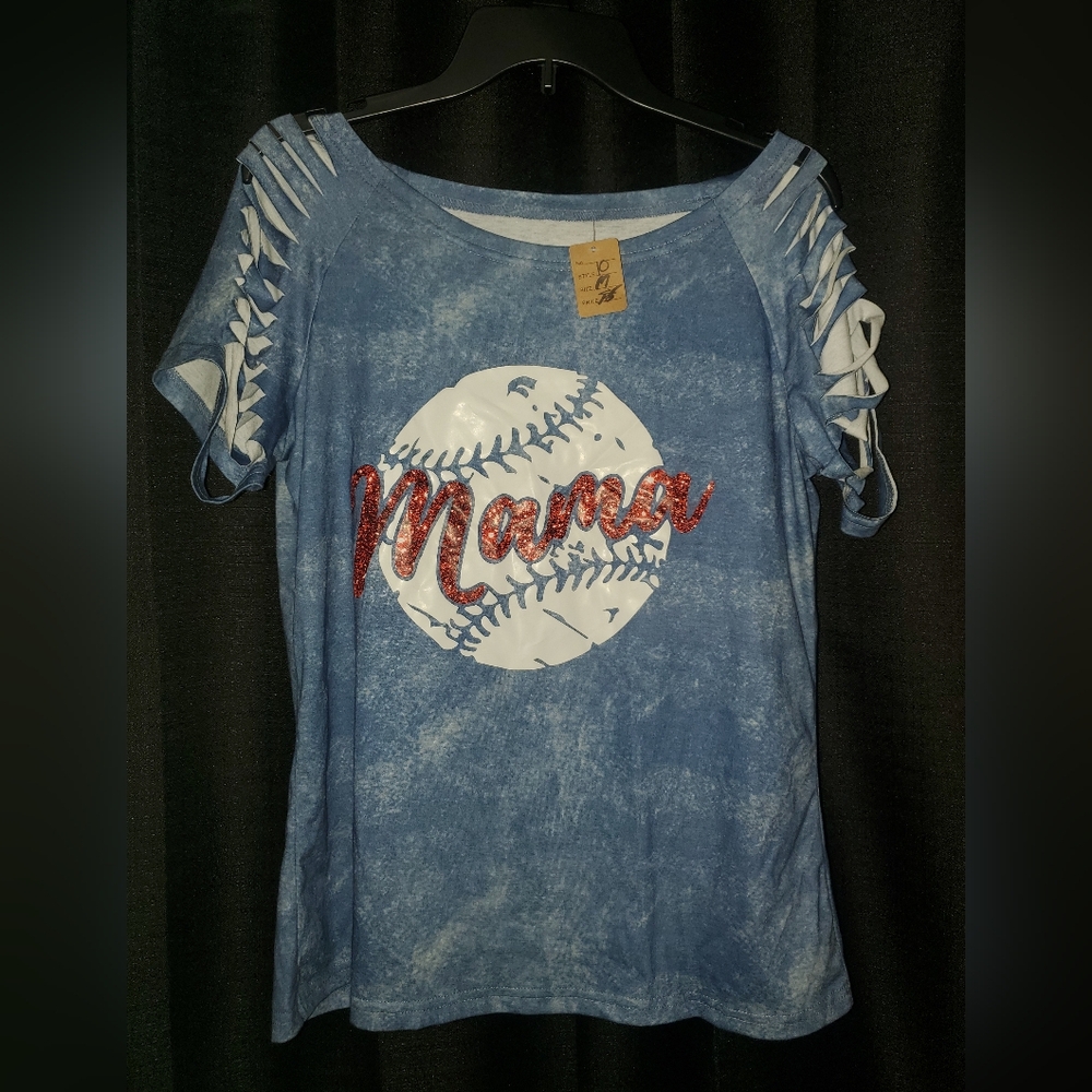 NWT Baseball mama denim print t shirt with detailed sleeves sz medium
